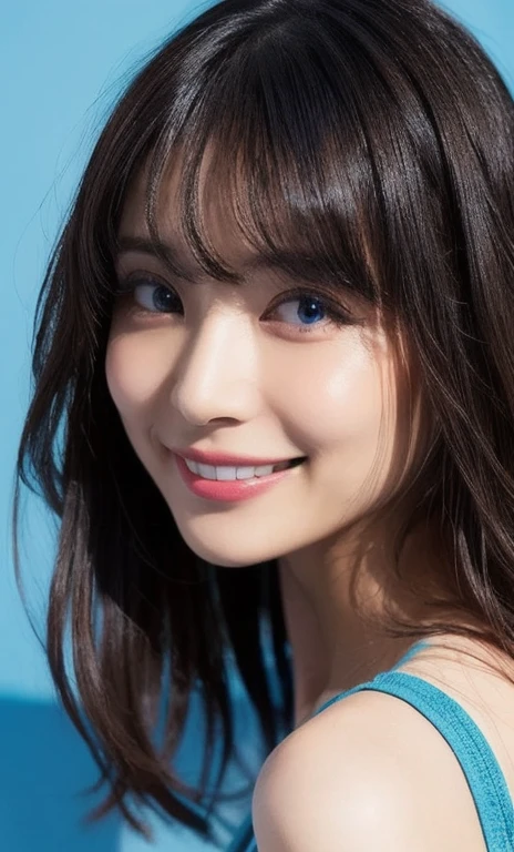(software:1.8、masterpiece, Highest quality),1 Girl, alone, have, Realistic, Realistic, Looking at the audience, Light brown eyes, Highly detailed shiny long hair,Beautiful symmetrical face、Spring Clothes:1.6, Whity, lips, bangs, Highly detailed beautiful face、very fine and beautiful eyes、, Mouth closed, Upper Body、Big eyes、eyelash、((Very simple blue background:1.8))、(((bangsのあるロングヘア、Short shiny hair、Big eyes、big and full chest、Looking at the audience、Innocent beauty、Show me your ears、Beautiful long neck、smile、please close your mouth and smile)))、Ideal body type、{Huge|big|Hugeな|Mega} chest:2, chestの谷間:2、幸せなsmile、Beautiful Teeth、