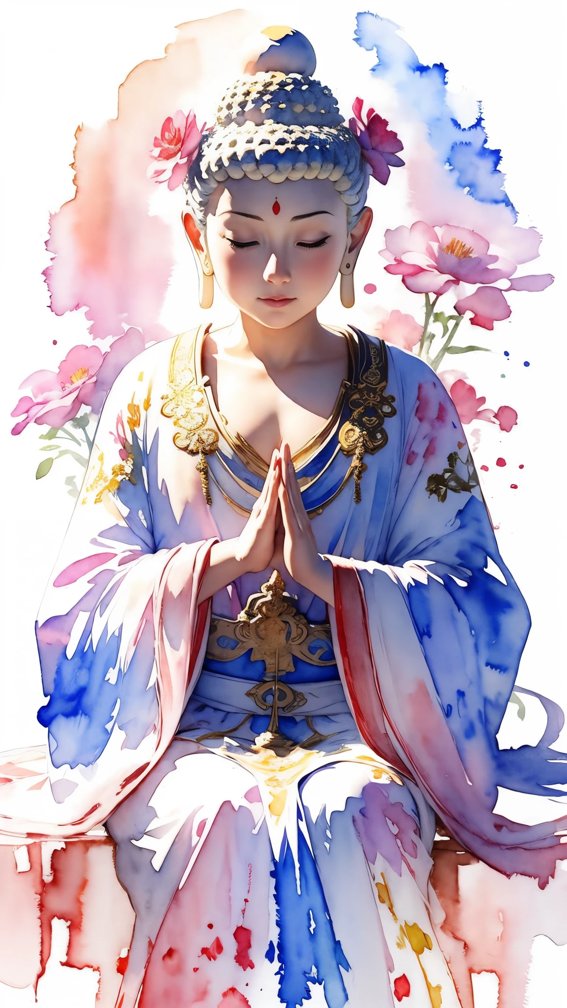 (masterpiece:1.2, Highest quality),(Very detailed),(((watercolor))),8K,wallpaper,Buddhist statue,Seat image,Enlightenment,Kind Face,wisdom,mercy,Quietly close your eyes