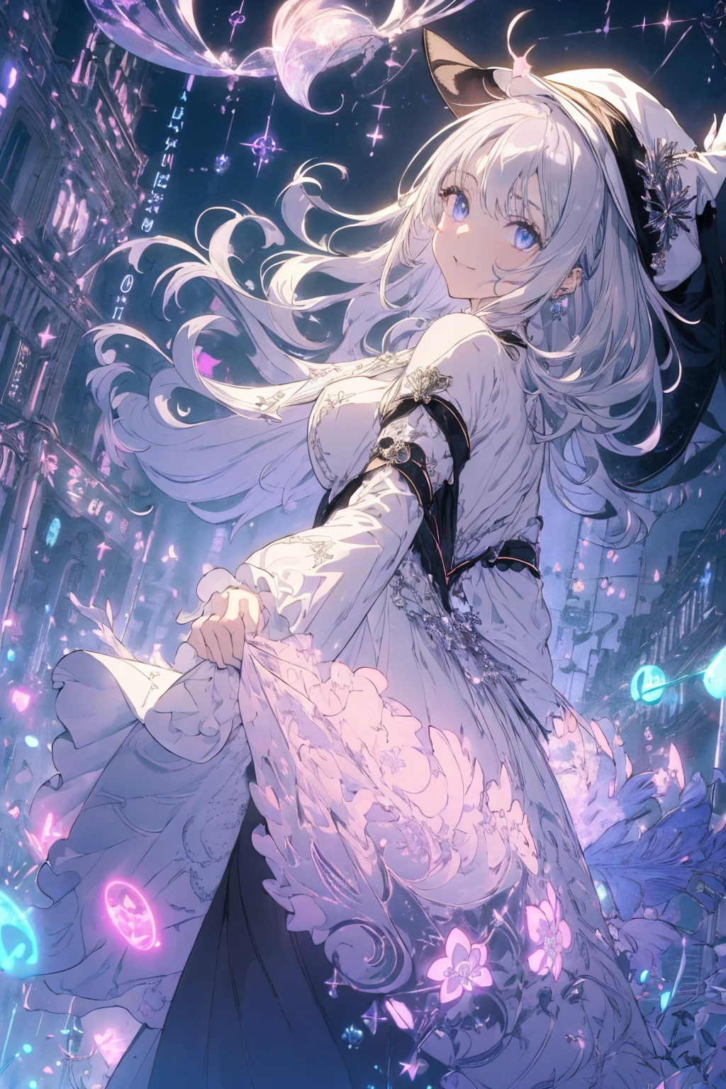 (witchcraft photo:1.1,in neon downtown:1.5), Masterpiece, best quality, (very detailed CG unity 8k wallpaper), (best quality), High definition RAW color art, Animation,sculptures, (silver Marble Skin), (((Ultra detailed elegant))), Magical atmosphere, Detailed skin, Texture,(Intricately detailed, Fine detail, ultra-detail art), depth of fields, bokeh, Silky Touch, Hyper Detail, beautiful eyes, Elegant Face, (ローブ, profile, looking here), sparkle background, (silver hair), pastel purple, fat, shorthair, dress, フリル, witchcraft hat, Round Glass:1.4, enormous breast, リボン, kawaii smile