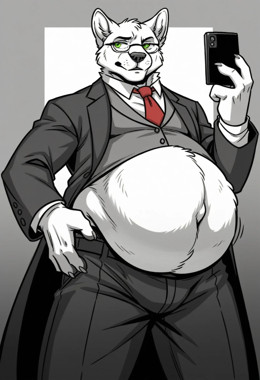 mordecai heller, solo, green sclera, walking in an alleyway, night time, detailed paw hands, ((detailed face, (detailed eyes), by zackarry911, by zaush, thin athletic body, (by personalami:0.5), solo, looking away from the viewer, 1boy, male focus, red necktie, glasses, coat, hand on hip, hand holding phone on a call, formal, from below, glasses, suit, grey suit vest, necktie, ((flatcolor)), vore, large vore stomach, person inside of the vore stomach is struggling, black and white fur, white fluffy belly, gurgling belly effect, perfect proportions