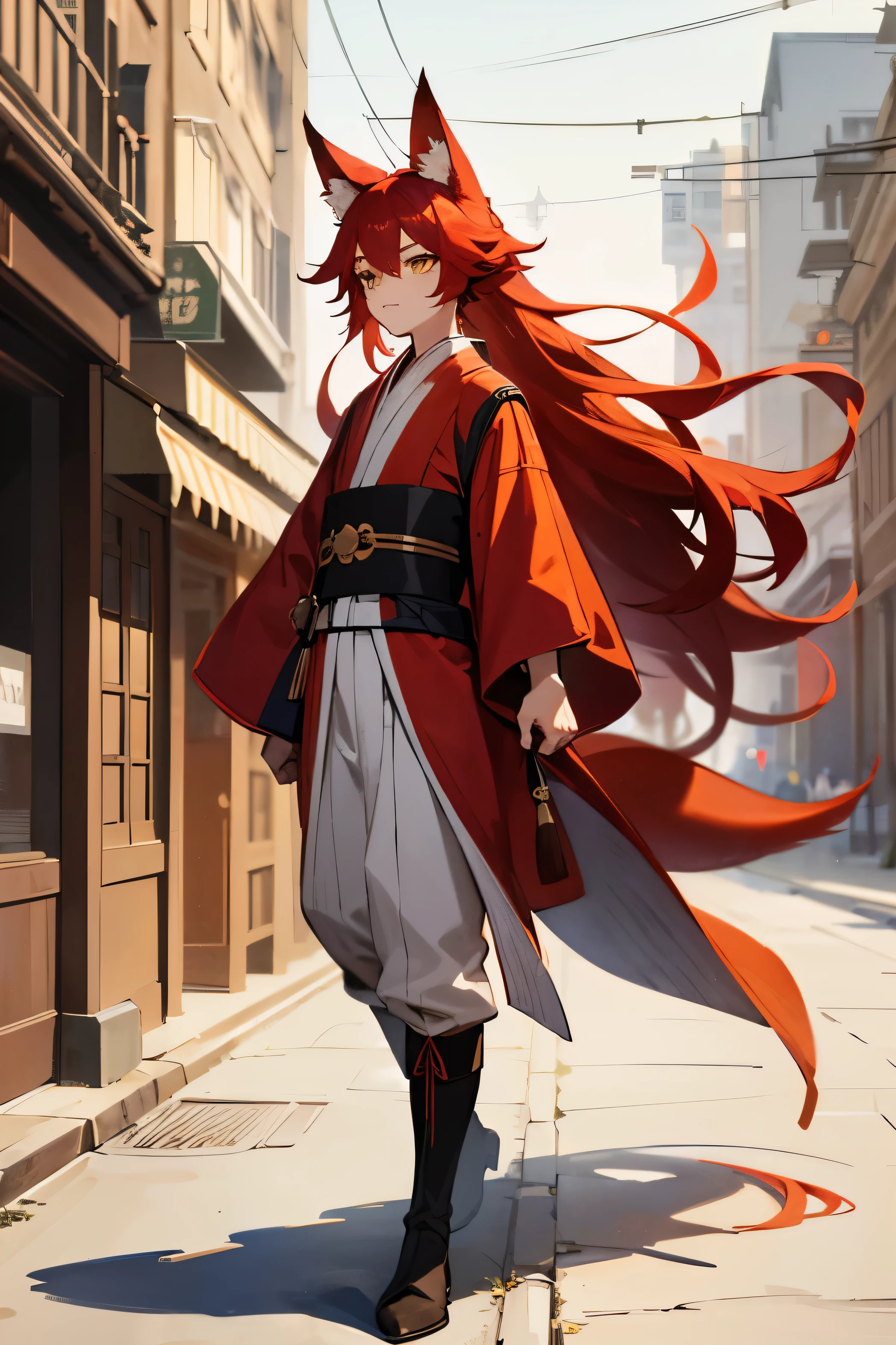 a boy , red hair, yellow eyes, hair between eyes, long hair, fox ears, Fox tail , wearing a long blue samouraï kimono ,boots and walking in the street, high quality, high details
