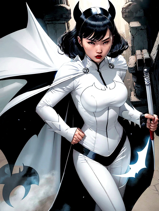 superhero, modern super hero costume, white bat costume, style like the black mouse suit and the Batman suit, white suit for girl, ninja, with a Chinese sword, Beautiful Chinese woman, Chinese woman with bangs, courageous character, Kind, Brave, determination, on the battlefield