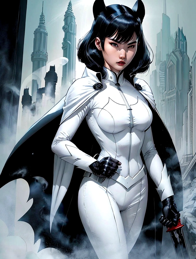 superhero, modern super hero costume, white bat costume, style like the black mouse suit and the Batman suit, white suit for girl, ninja, with a Chinese sword, Beautiful Chinese woman, Chinese woman with bangs, courageous character, Kind, Brave, determination, on the battlefield