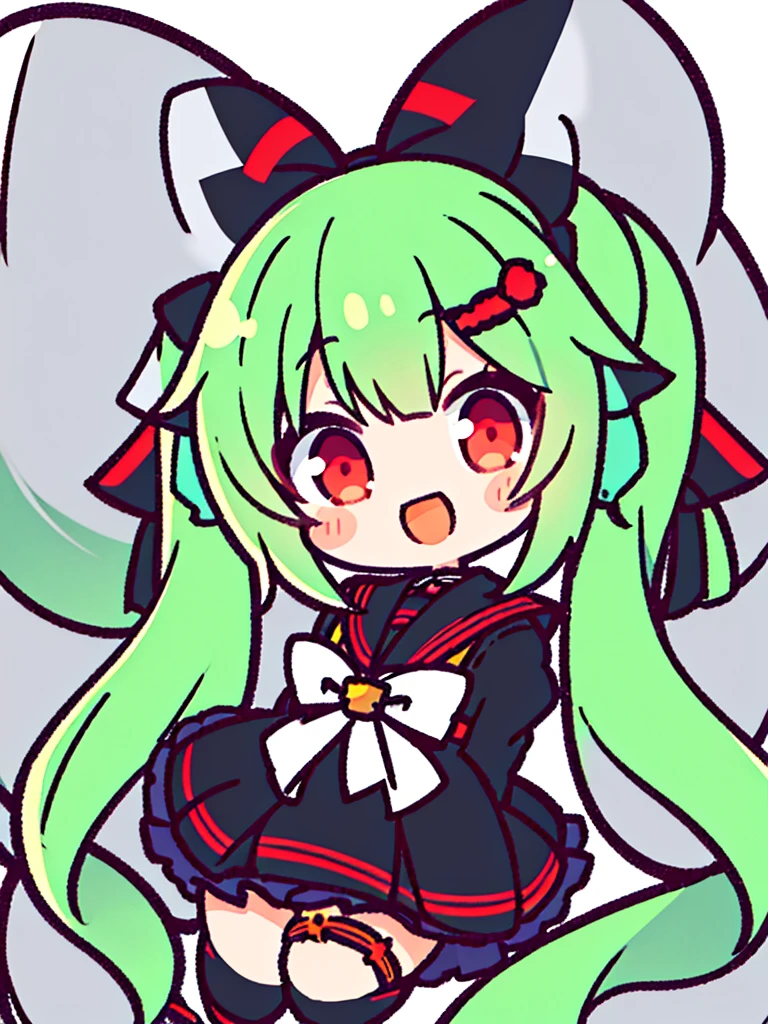 White background、Japan anime illustrations、Small illustration、SD Character、girl、Green Hair、Twin tails、Black ribbon hair ornament、Red Eyes、Black Sailor Suit、Black Uniform、smile、Super Deformed Characters、デフォルメされたgirl