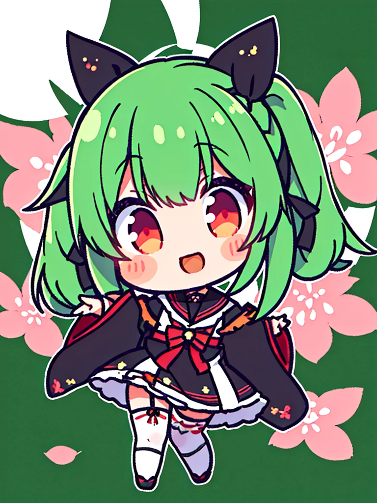 White background、Japan anime illustrations、Small illustration、SD Character、girl、Green Hair、Twin tails、Black ribbon hair ornament、Red Eyes、Black Sailor Suit、Black Uniform、smile、Super Deformed Characters、デフォルメされたgirl