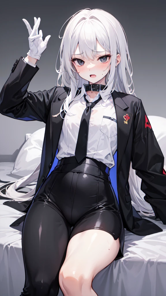 18-year-old boy，Fair skin，cute，Wear a white long-sleeved shirt with a black jacket and a black work tie，Wear black pants，Wear black booties，Wear white gloves，Wear a collar，White hair，black eyes，Very thin waist，Very thin legs，Handsome，Expression of disdain and indifference，shy，blush，Fear，Sweating，exhausted，pornography，Pornographic action，There is cumming，Fucked to open mouth,嘴巴里There is cumming