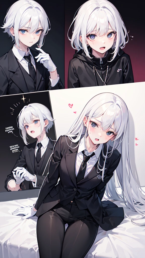 18-year-old boy,Fair skin,cute,Wear a white long-sleeved shirt with a black jacket and a black work tie,Wear black pants,Wear black booties,Wear white gloves,Wear a collar,White hair,black eyes,Very thin waist,Very thin legs,Handsome,Expression of disdain and indifference,shy,blush,Fear,Sweating,exhausted,pornography,Pornographic action,There is cumming,Fucked to open mouth,嘴巴里There is cumming