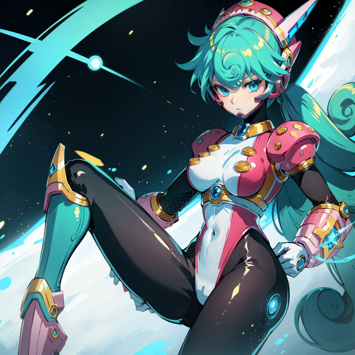 marino_megamanx, 1girl, green hair, blue eyes, ponytail, detailed face, breasts, high quality, masterpiece, standing with green flames coming from a tree