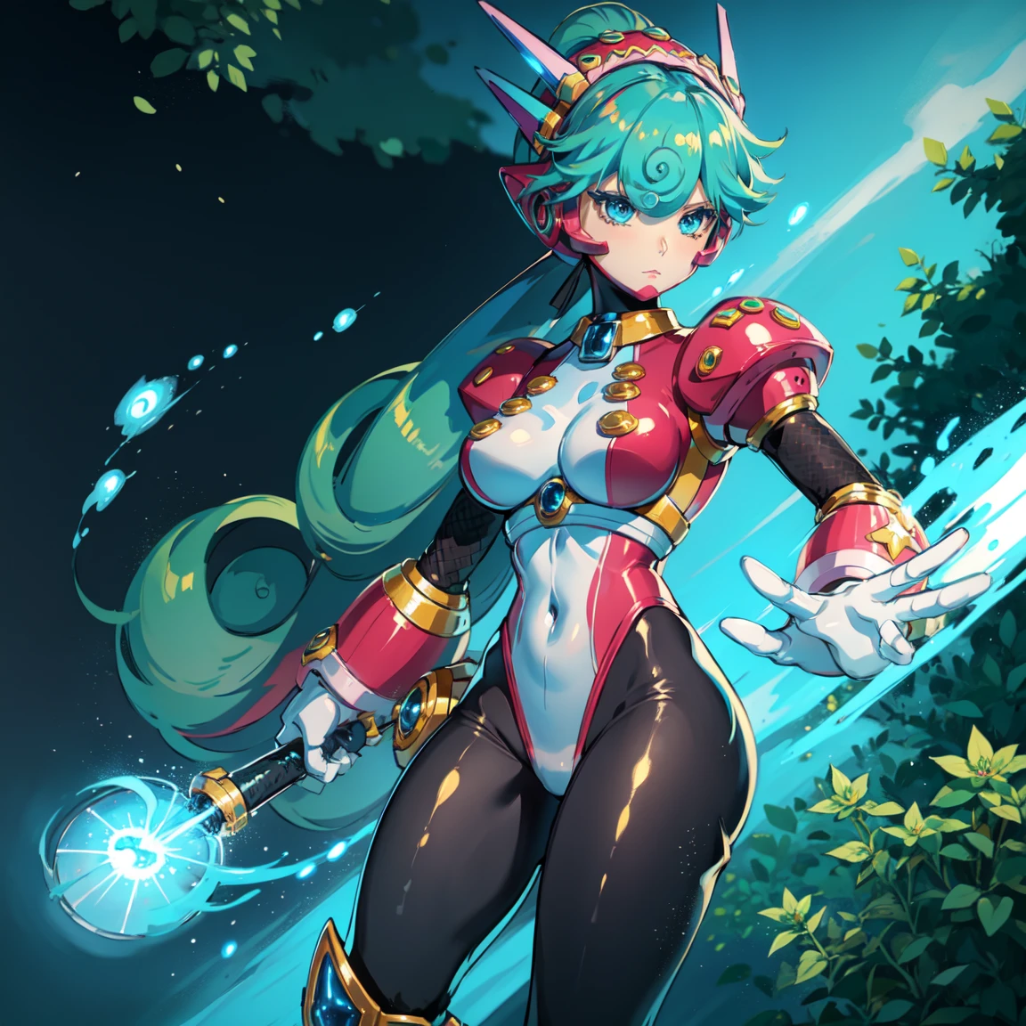 marino_megamanx, 1girl, green hair, blue eyes, ponytail, detailed face, breasts, high quality, masterpiece, standing with green flames coming from a tree