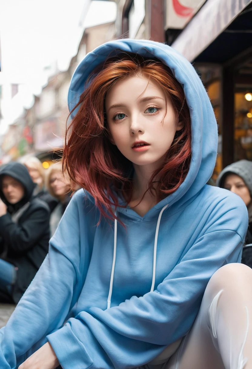 1 girl, Red hair, Coiled hairstyle, Wisps of hair on the face, Red Eyes, mascara, Oversized Hoodie, diaphragm, Hot Pants, Tights, laced Tights, Eye bags, sit, cafes, Ground angle shot, The audience looks up, feet in Tights,  Sagging breasts, Shock, Original Photography, 8K, masterpiece,