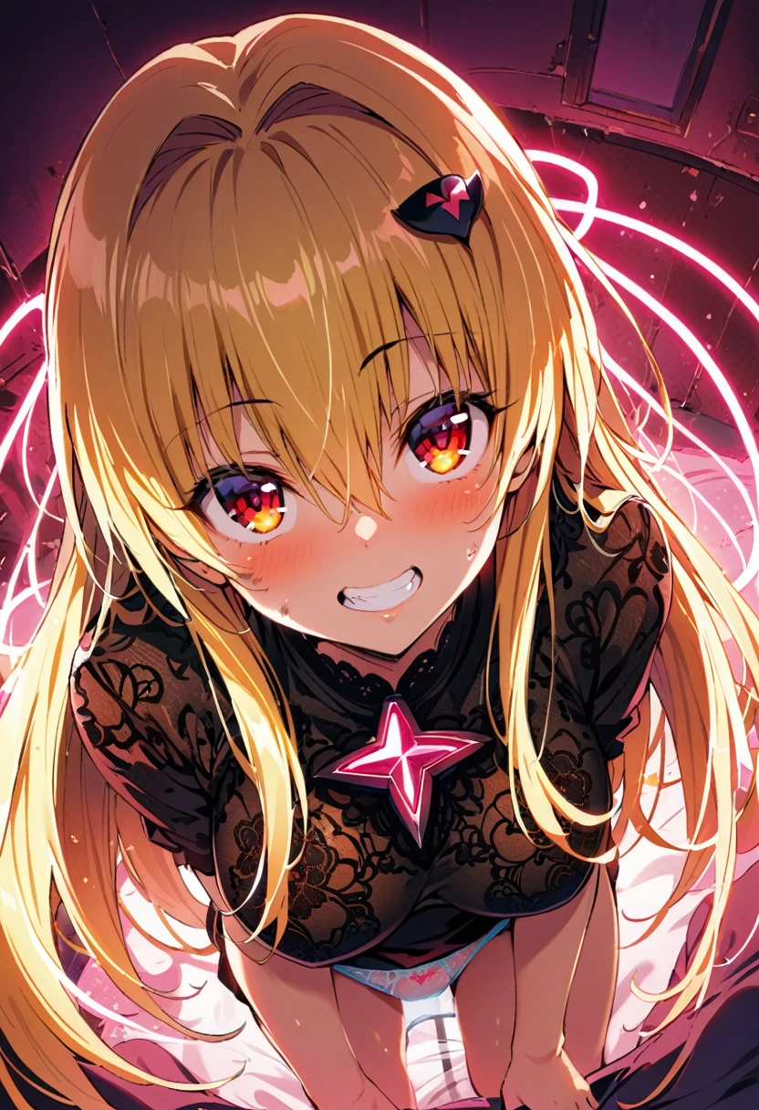 (Perfect Face, Detailed face, Beautiful Eyes,Perfect hands,Perfect Fingers)、Red face、((vapor))、hot、((konjiki no yami, ph Yami))、Maternal, Foot, alone, 1 Girl, Blonde Hair, Red eyes, Long Hair, Black hair ornament, Big eyes, Masturbation,A flushed expression、Dirty face、Grin、 (masterpiece:1.2, Highest quality), (細かくてBeautiful Eyes: 1.2), (Beautiful and dense face), (Sharp facial hair between the eyes)、Black lace dress、Underwear is visible、12 years old, Grinding, Transparent panties、Large Breasts、Neon lighting、Looking up
