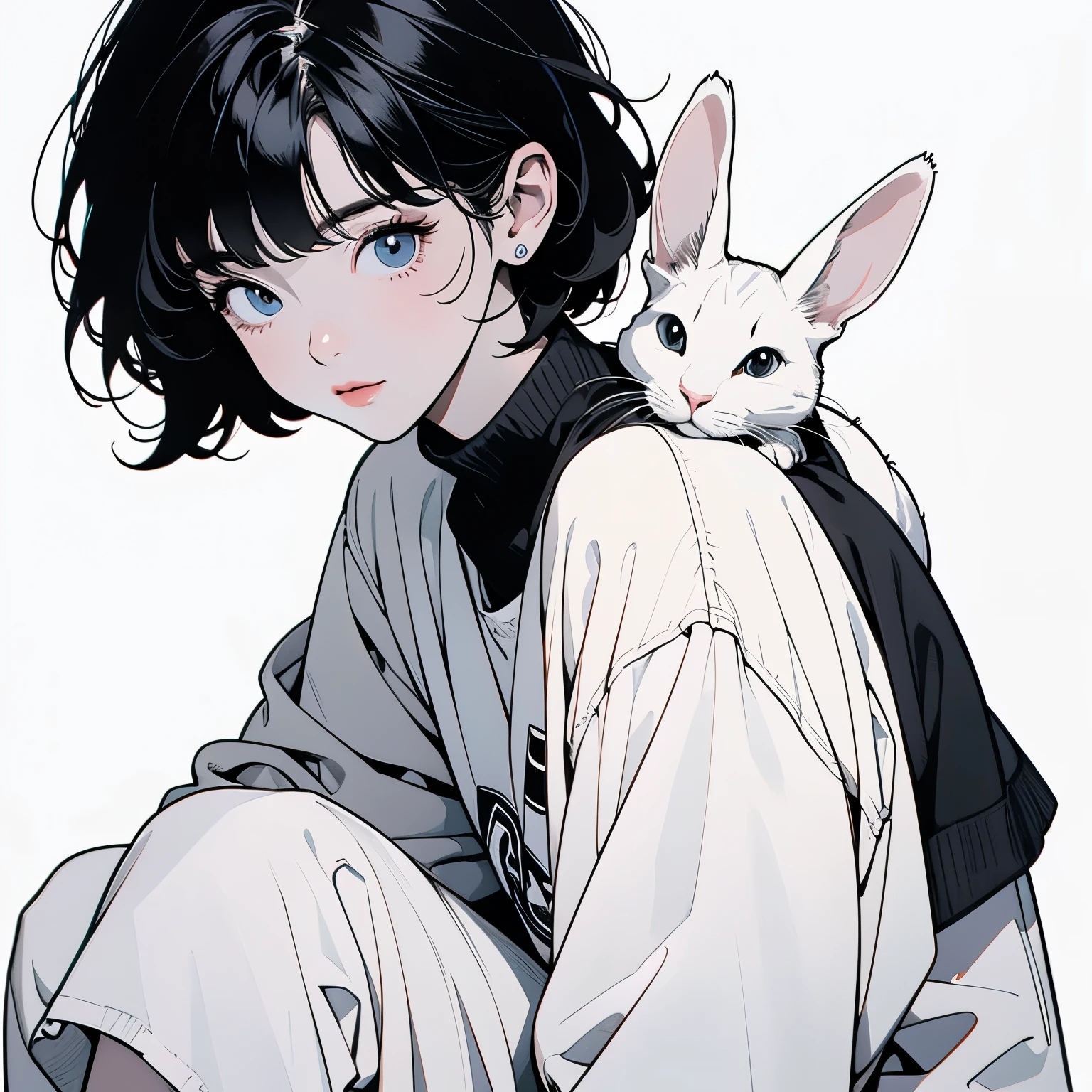logo、emblem、White background only、Black and White、rabbit、Cat、short hair、bangs
