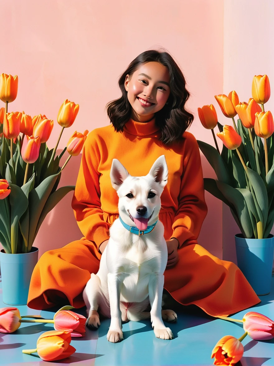 A girl sits on the floor holding tulips,With a playful postmodern flair,Terrain photography,new American color photography,bright orange and sky blue,dark and light pink,lively、exaggerated flower scene with a white dog