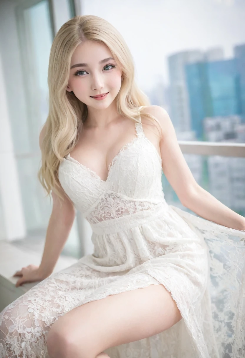 （（European Caucasian Woman））、（（Mary, 18 years old））one person、Thin contours、Grey Eyes、Big Breasts、Narrow waist、White and translucent skin、Beautiful, shiny blonde medium-long hair、8-head-tall model style、White lace long dress、Waist-down angle、Tokyo city、smile