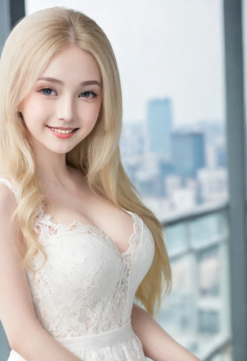 （（European Caucasian Woman））、（（Mary, 18 years old））one person、Thin contours、Grey Eyes、Big Breasts、Narrow waist、White and translucent skin、Beautiful, shiny blonde medium-long hair、8-head-tall model style、White lace long dress、Waist-down angle、Tokyo city、smile