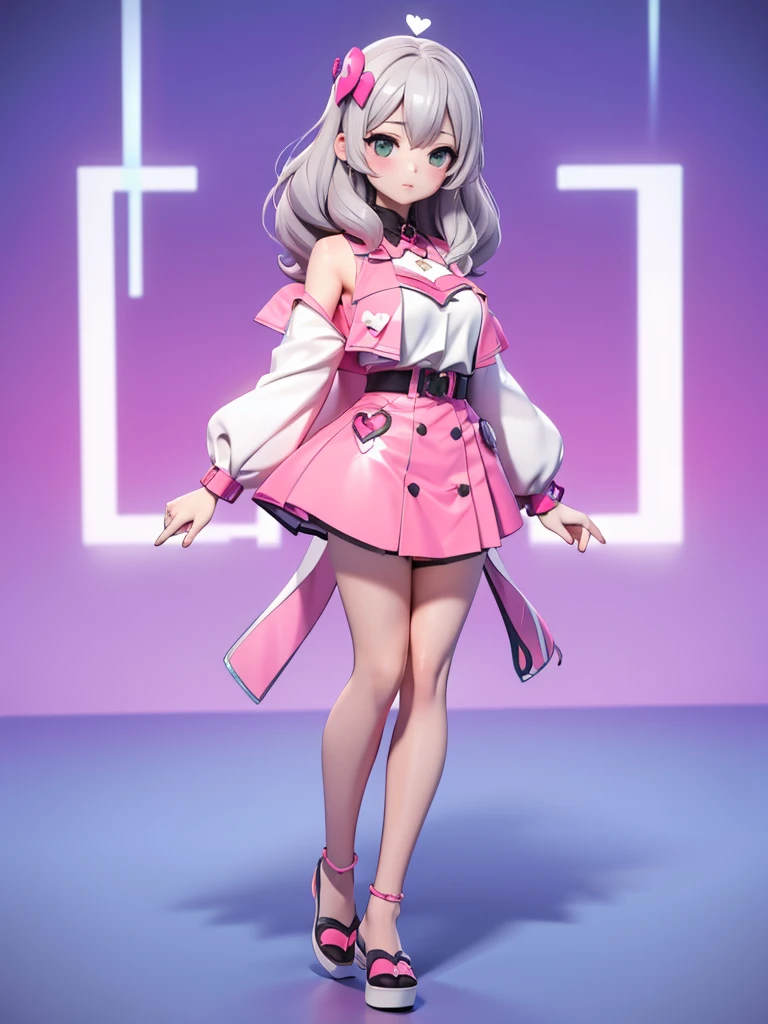 Seizo Watase style, Simple Line Initialism，Abstract art, 3d character, colorful hearts ,(((The most beautiful girl of all time))),  (full body 1.2), only girl, long hair, sea background, 25 year old, full body, (((8k))), ((3d))), gray hair, pink code