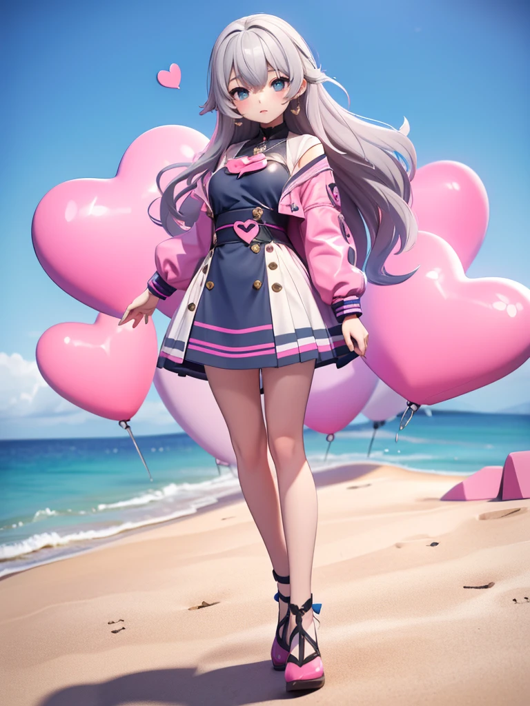 Seizo Watase style, Simple Line Initialism，Abstract art, 3d character, colorful hearts ,(((The most beautiful girl of all time))),  (full body 1.2), only girl, long hair, sea background, 25 year old, full body, (((8k))), ((3d))), gray hair, pink code