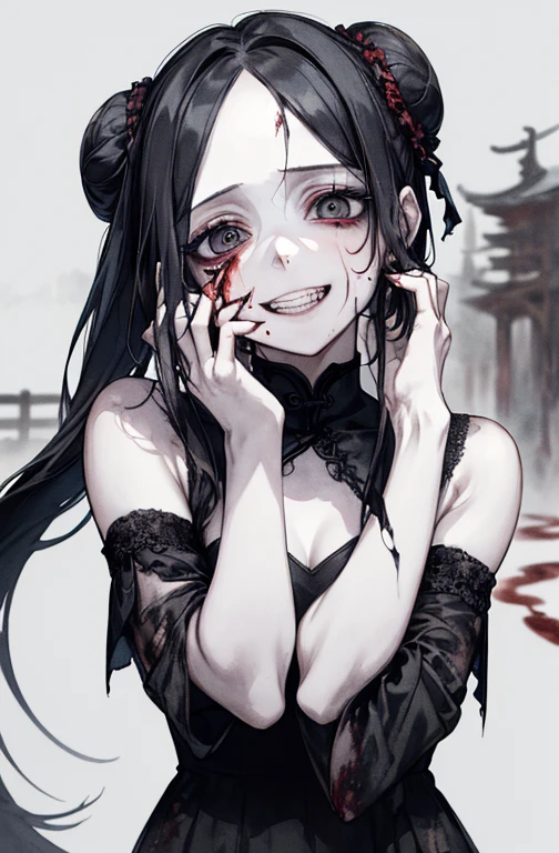 （Place your hands behind your head）、(masterpiece: 1. 2, Highest quality), (Live Action, Exquisite detail), (Anatomically correct), (1 Girl, Upper Body, Small breasts, Eyes Wide Open, Scary atmosphere, Distorted representation, Wicked Smile, Bleeding eyes, Blood splatter, whole body, China dress, Twin tail bun, Black Hair, (Dark circles under the eyes), white, Sickly, Crazy Eyes, (Grin), Dramatic makeup, Mixed Media Art, whiteの背景