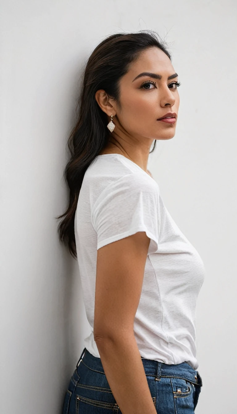 Latina facing a white wall