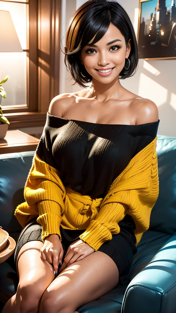 "prompt": "A woman with short black hair is sitting on a sofa, wearing a colorful off-shoulder knit that reaches her knees. She is radiating the best smile, exuding warmth and happiness. The scene is set in a cozy living room with soft lighting, highlighting her joyful expression. The knit is vibrant and detailed, adding a pop of color to the setting. The overall atmosphere is cheerful and inviting, capturing a moment of pure joy and comfort.",
