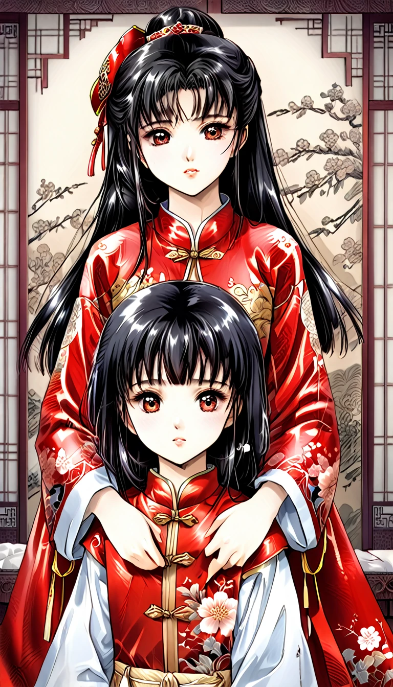 8k Tragic historical drama in live-action style: Beautiful palace secrets　Beautiful Chinese 10 year old Kung Fu girl princess with long black hair gets changed　Gorgeous embroidery, Ultra glossy, She is wearing a shiny red top and bottom long sleeve floral pajama kung fu suit....　　She gets undressed by her mother