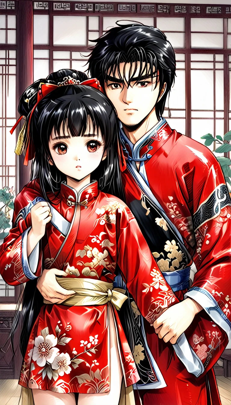 8k Tragic historical drama in live-action style: Beautiful palace secrets　Beautiful Chinese  Kung Fu girl princess with long black hair gets changed　Gorgeous embroidery, Ultra glossy, She is wearing a shiny red top and bottom long sleeve floral pajama kung fu suit....　　She gets undressed by her mother