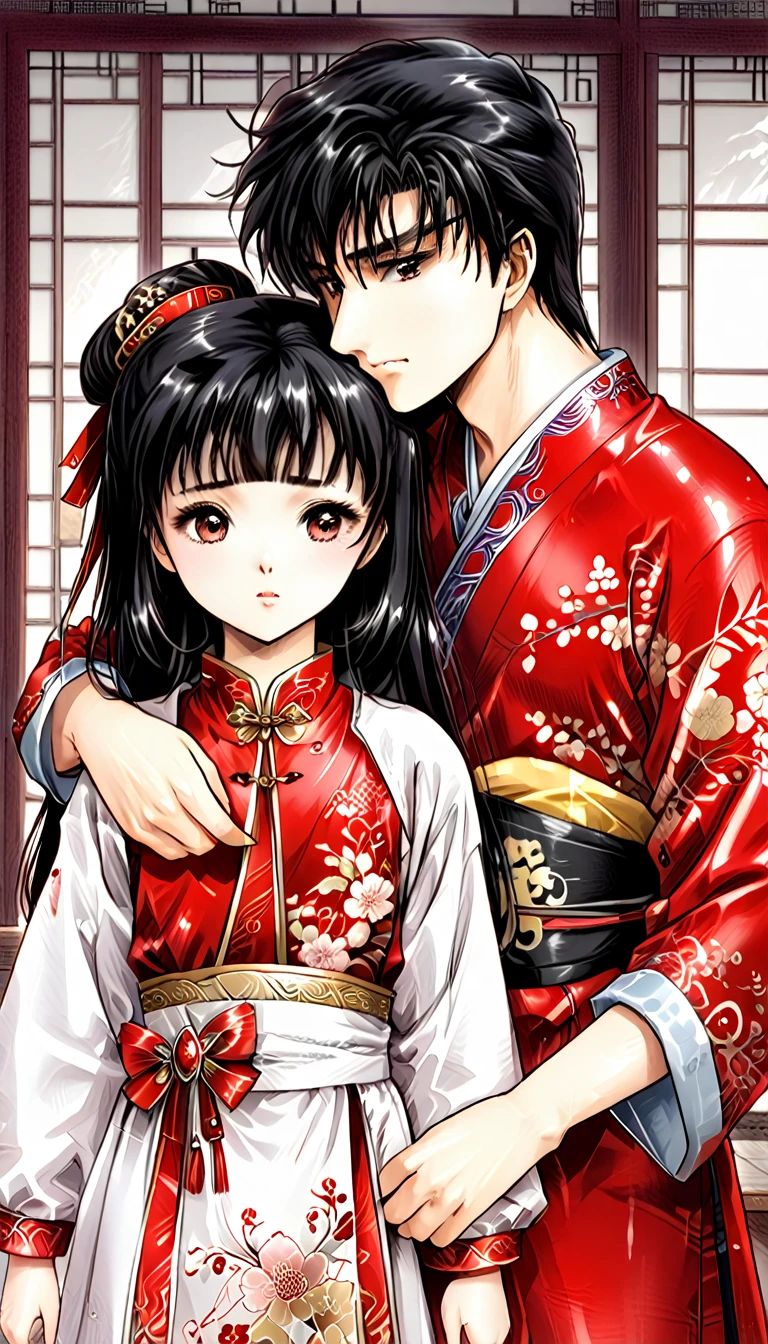 8k Tragic historical drama in live-action style: Beautiful palace secrets　Beautiful Chinese 10 year old Kung Fu girl princess with long black hair gets changed　Gorgeous embroidery, Ultra glossy, She is wearing a shiny red top and bottom long sleeve floral pajama kung fu suit....　　She gets undressed by her mother