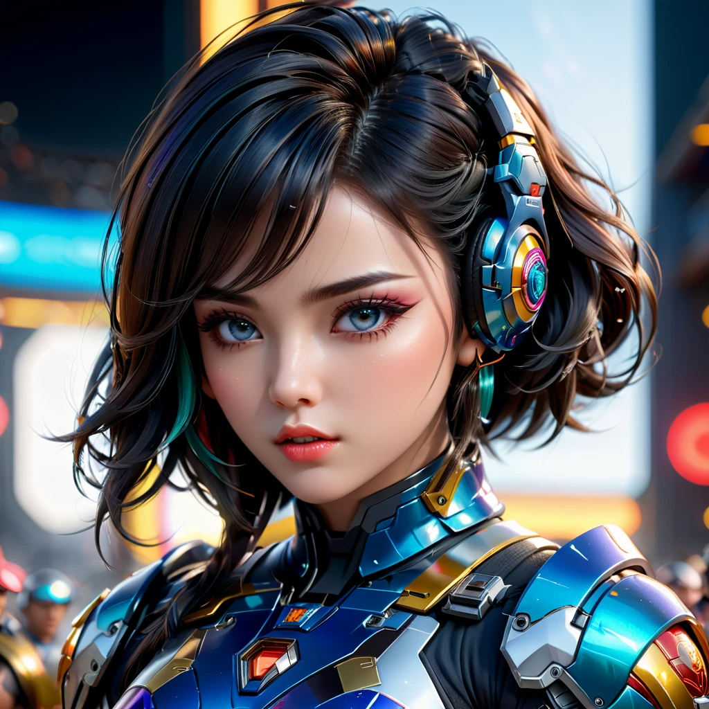 (beautiful detailed eyes,beautiful detailed lips,extremely detailed eyes and face,longeyelashes),(1 woman),mecha mma-fighter,dark hairstyle,head ornament,big headphones,colorful mecha dress,heavy mma-combat armor,outdoor fighting ring,crowd of spectators,(best quality,4k,8k,highres,masterpiece:1.2),ultra-detailed,(realistic,photorealistic,photo-realistic:1.37),sci-fi,vivid colors,studio lighting,physically-based rendering