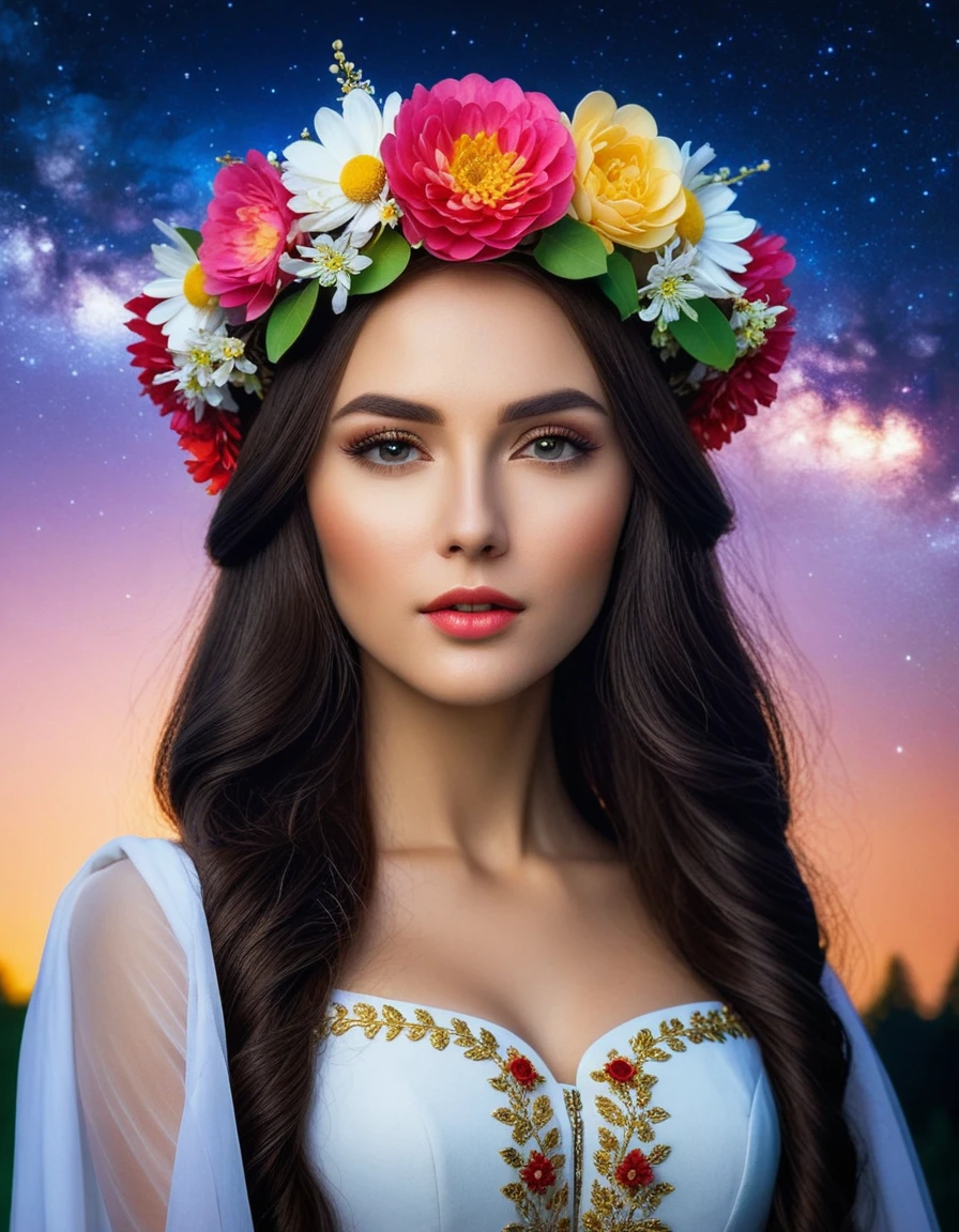 woman with a flower crown on her head and against the background of the night sky, in Russian folk style, portrait of a beautiful goddess, beautiful fantasy art portrait, beautiful goddess, beautiful fantasy girl, Beautiful girl, The mythology of the goddess of the earth, dark hair, beautiful fantasy portrait, flower goddess, she has a wreath of flowers, beautiful fantasy art, beautiful gorgeous digital art, in Russian folk dress