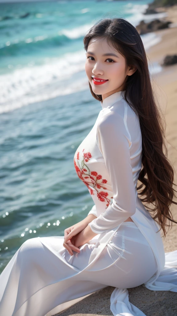 detailed body, attractive body, perfect human body, realistic face,
(ultimate quality, masterpiece, highres:1.0), realistic:1.6, photorealistic,
[8k UHD photos, UHD high quality photos, Super detailed and super clear images],
Close-up of a Vietnamese girl with a beautiful face and balanced body, leggy, round face, big round eyes, Charming smile, Red lips, long curly eyelashes, big dimples, pointed chin, plump face, Her face resembles Tuyet Linh, Tall and plump figure, lace bra inside, lace panty inside,
wearing a bright and shiny white silk ao dai with embroidered flowers, sitting and playing with the sand and ocean waves, pose sexy,
Silk ao dai,