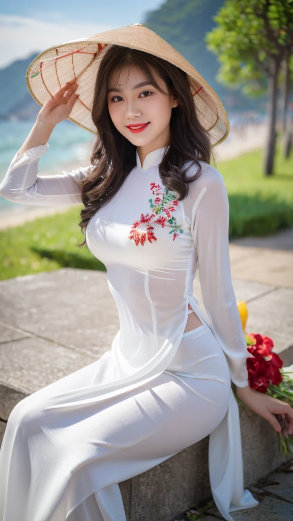 detailed body, attractive body, perfect human body, realistic face,
(ultimate quality, masterpiece, highres:1.0), realistic:1.6, photorealistic,
[8k UHD photos, UHD high quality photos, Super detailed and super clear images],
Close-up of a Vietnamese girl with a beautiful face and balanced body, leggy, round face, big round eyes, Charming smile, Red lips, long curly eyelashes, big dimples, pointed chin, plump face, Her face resembles Tuyet Linh, Tall and plump figure, lace bra inside, lace panty inside,
wearing a bright and shiny white silk ao dai with embroidered flowers, sitting and playing with the sand and ocean waves, pose sexy,
Silk ao dai,