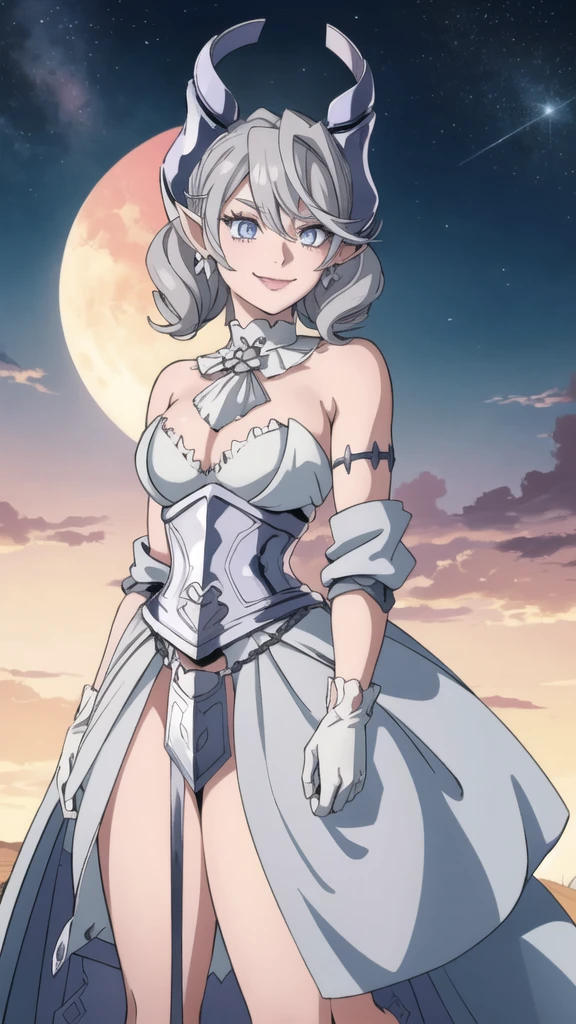 Beautiful arts wallpaper Sunset Outside castle top  High level image quality　best image quality　8K　 adult woman   silver castle outside  more colors   whole body view　portrait　    　horn    ears  　short hair（（shortcut）（gray hair）（perm）（fluffy））　eye color is blue ,  , 　attractive evil face , smile   ,  heroic stance   ,  labrynth ,  barearm  ,gloves   , wearing pink   , standing , 