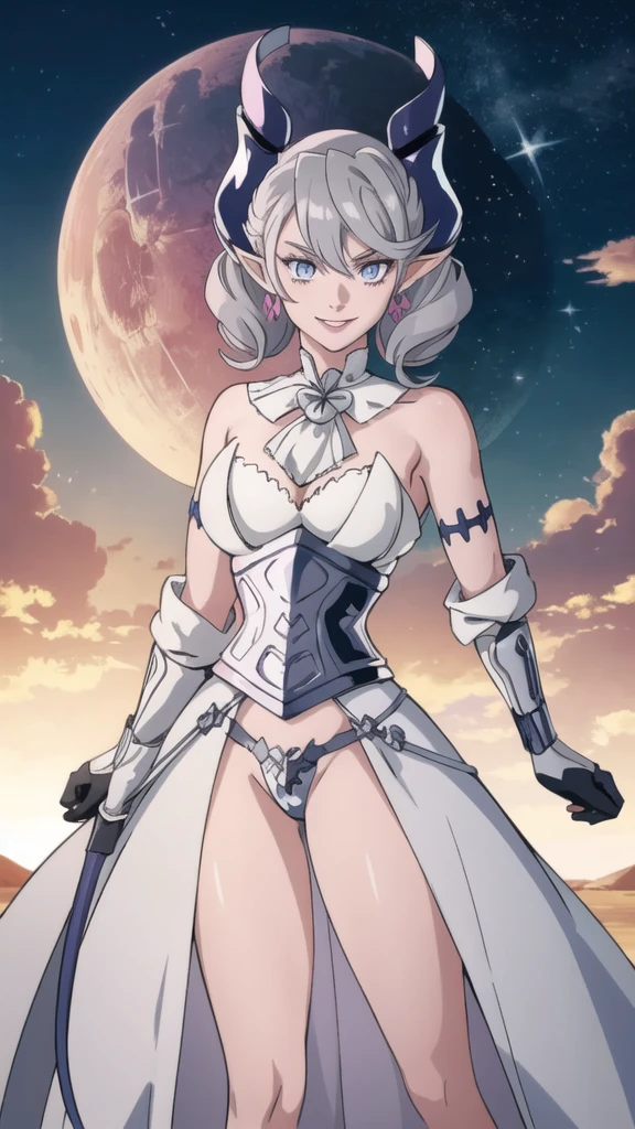 Beautiful arts wallpaper Sunset Outside castle top High level image quality best image quality 8K adult woman silver castle outside more colors whole body view portrait horn ears short hair((shortcut)(gray hair)(perm)(fluffy)) eye color is blue , , attractive evil face , smile , heroic stance , labrynth , barearm ,gloves , wearing pink , standing ,