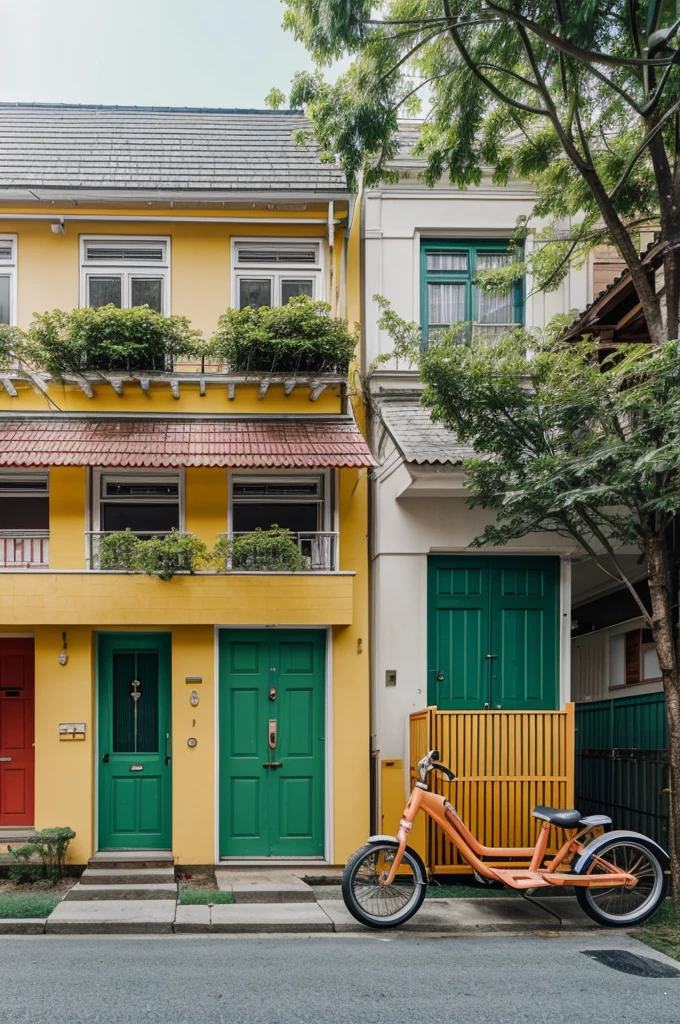 A melon-colored house on a block near a kindergarten, the one-story house with the door open and a tricycle in the yard