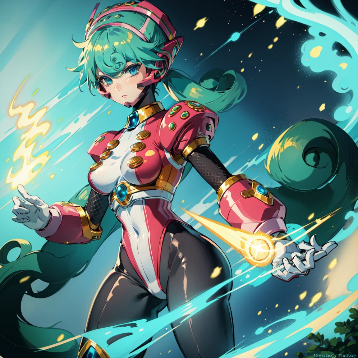 marino_megamanx, 1girl, green hair, blue eyes, ponytail, detailed face, breasts, high quality, masterpiece, standing with green flames coming from a tree