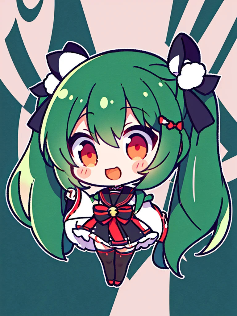 White background、Japan anime illustrations、girl、Green Hair、Twin tails、Black ribbon hair ornament、Red Eyes、Black Sailor Suit、Black Uniform、smile、Super Deformed Characters、デフォルメされたgirl