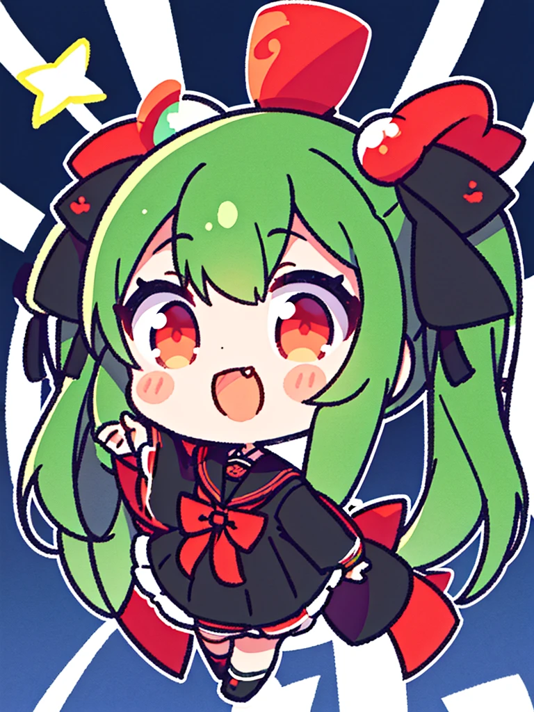 White background、Japan anime illustrations、girl、Green Hair、Twin tails、Black ribbon hair ornament、Red Eyes、Black Sailor Suit、Black Uniform、smile、Super Deformed Characters、デフォルメされたgirl