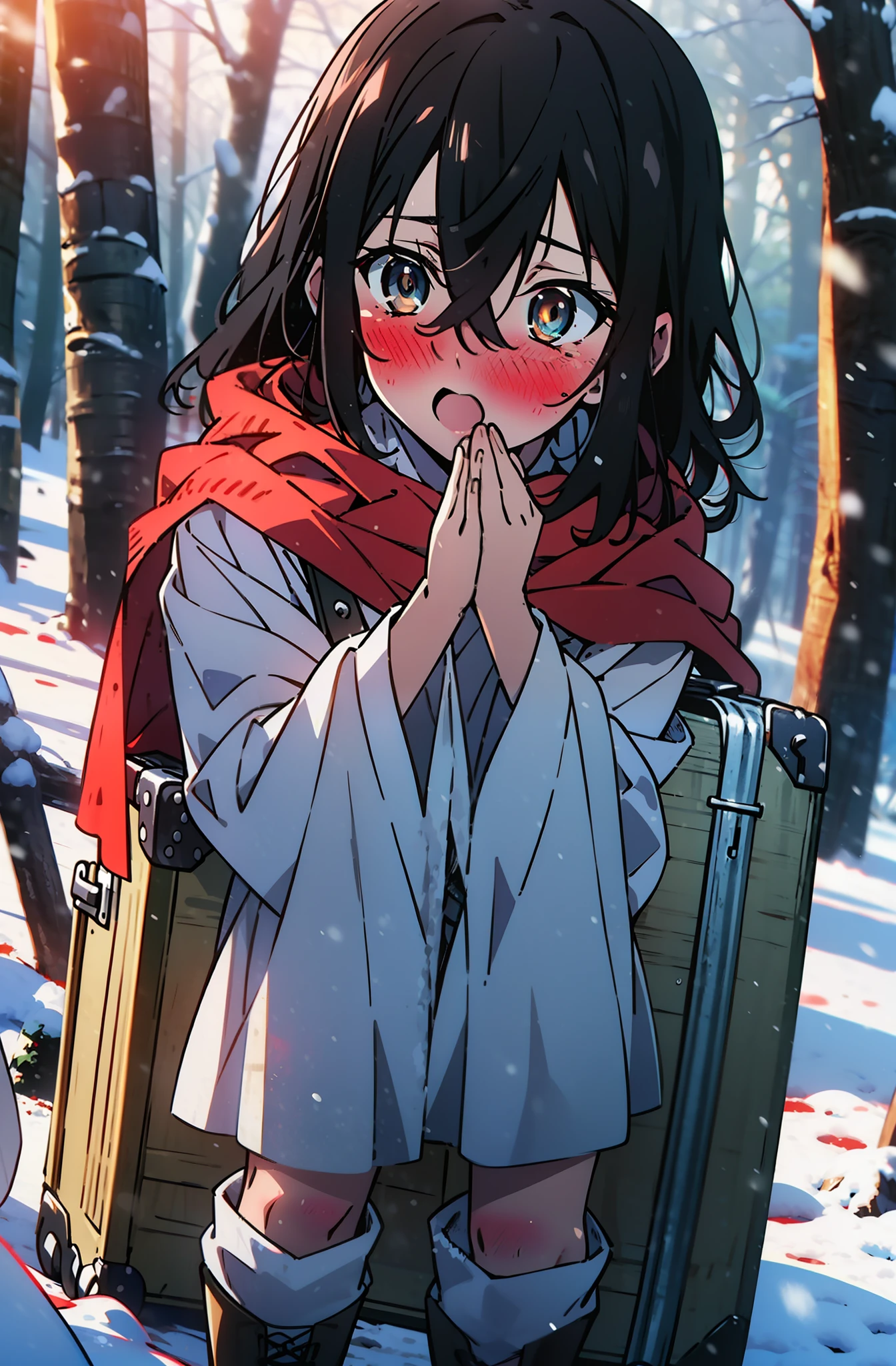 Himeragi Yukina, Brown eyes, Black Hair, Hair between the eyes, Medium Hair, Medium chest,blush,White Breath,
Open your mouth,snow,Ground bonfire, Outdoor, boots, snowing, From the side, wood, suitcase, Cape, Blurred, forest, White handbag, nature, Squat, Mouth closed, Cape, winter, Written boundary depth, Black shoes, red Cape break looking at viewer, Upper Body, whole body, break Outdoor, forest, nature, break (masterpiece:1.2), Highest quality, High resolution, unity 8k wallpaper, (shape:0.8), (Beautiful and beautiful eyes:1.6), Highly detailed face, Perfect lighting, Extremely detailed CG, (Perfect hands, Perfect Anatomy),