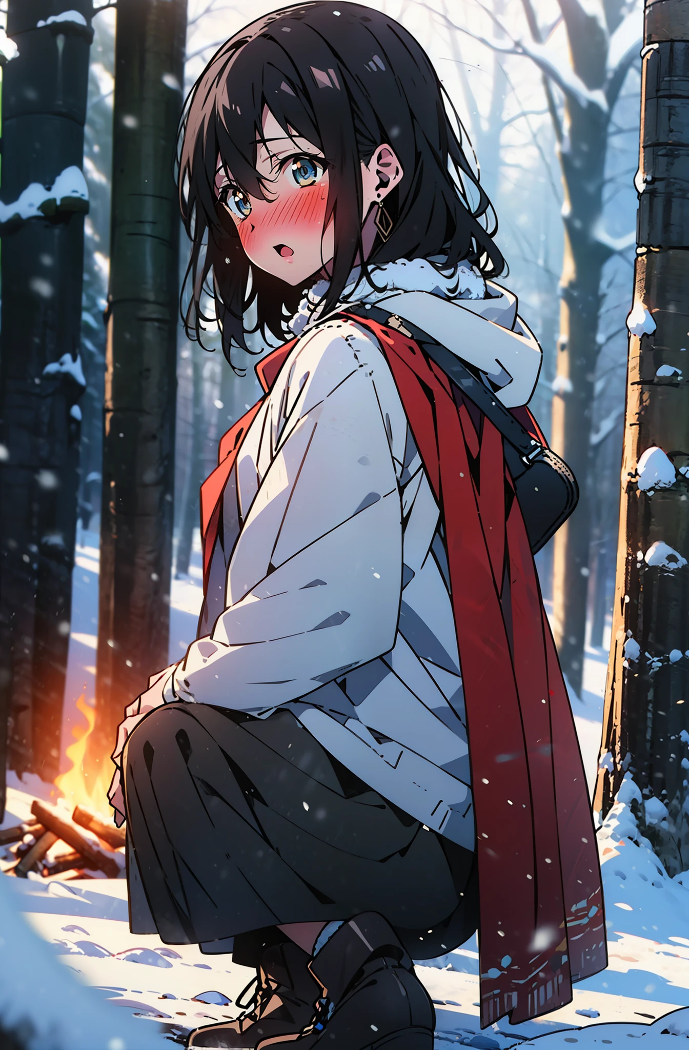 Himeragi Yukina, Brown eyes, Black Hair, Hair between the eyes, Medium Hair, Medium chest,blush,White Breath,
Open your mouth,snow,Ground bonfire, Outdoor, boots, snowing, From the side, wood, suitcase, Cape, Blurred, forest, White handbag, nature, Squat, Mouth closed, Cape, winter, Written boundary depth, Black shoes, red Cape break looking at viewer, Upper Body, whole body, break Outdoor, forest, nature, break (masterpiece:1.2), Highest quality, High resolution, unity 8k wallpaper, (shape:0.8), (Beautiful and beautiful eyes:1.6), Highly detailed face, Perfect lighting, Extremely detailed CG, (Perfect hands, Perfect Anatomy),