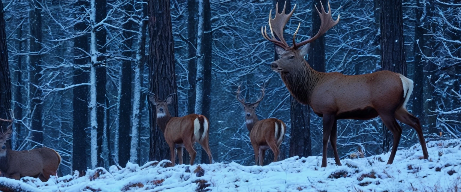 (masterpiece, 8K, UHD, RAW), A large North American red deer with- large antelers, the deer is a large male buck standing in the clearing of the great red wood forrest, there is a distant waterfall, and snow capped mountains,