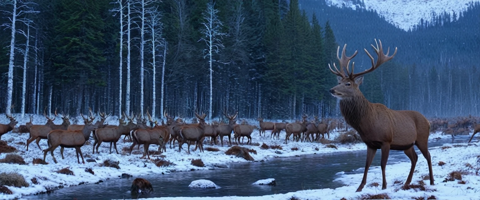 (masterpiece, 8K, UHD, RAW), A large North American red deer with- large antelers, the deer is a large male buck standing in the clearing of the great red wood forrest, there is a distant waterfall, and snow capped mountains,