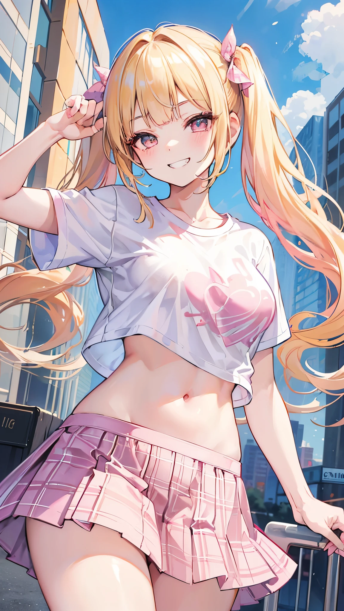 (masterpiece、Highest quality、Very detailed))、One girl、Blonde、twintails、blunt bangs、Golden Eyes、evil smile、((Grin))、Moderate breasts、((White tight t-shirt))、Short sleeve、belly button、Tight fit、((pink plaid skirt))、Cowboy Shot、City Background