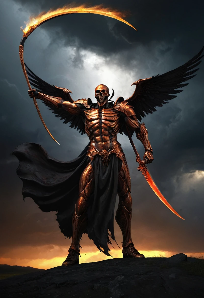 A formidable figure with wings ablaze, brandishing a scythe, standing amidst a stormy sky. The scythe glows with a dark energy, its blade sharp and curved, capturing the ferocity of the scene. Created Using: dynamic brushstrokes, chiaroscuro lighting, high contrast, foreboding atmosphere, detailed armor design, action pose, digital oil painting technique, hd quality, natural look 