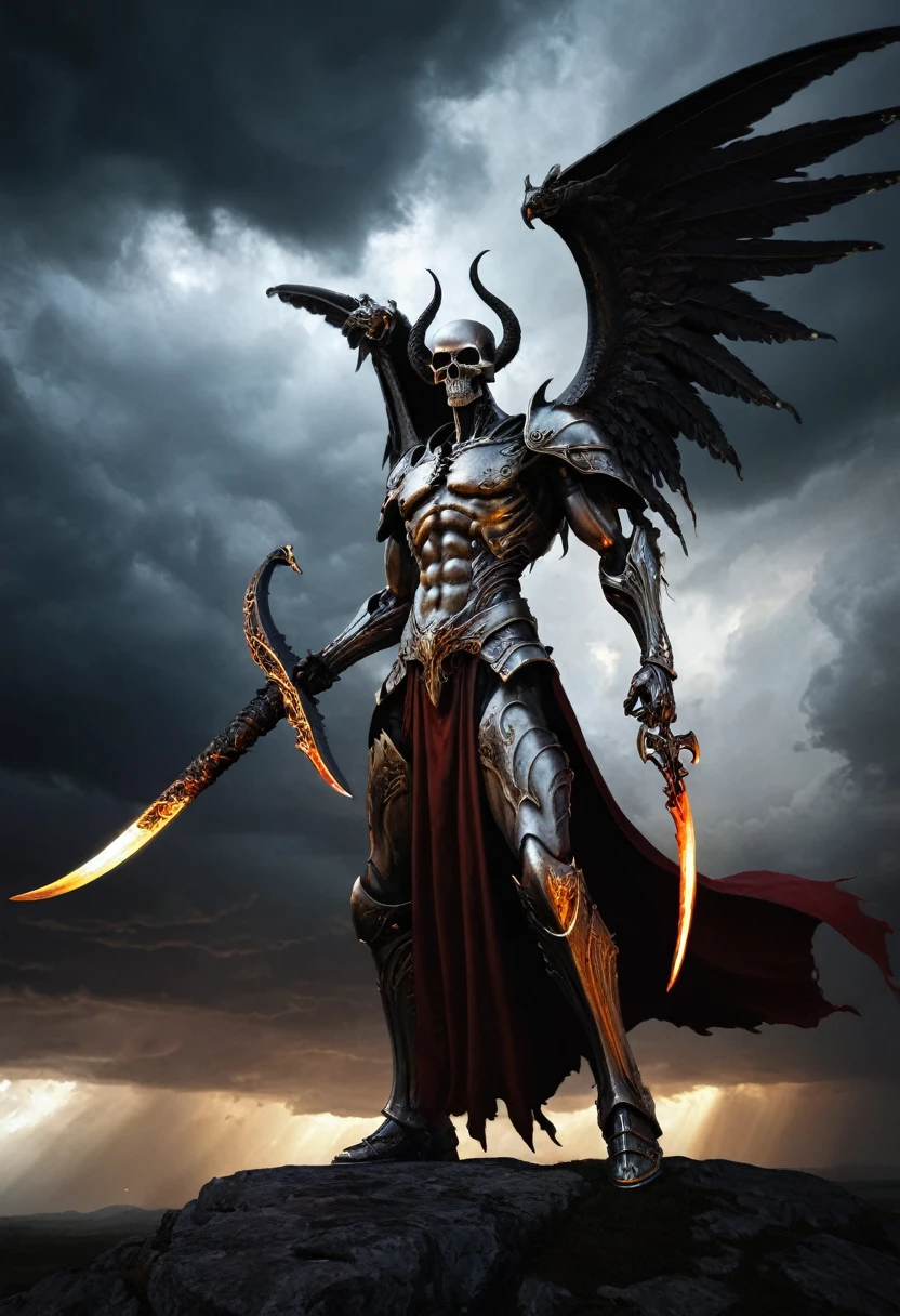 A formidable figure with wings ablaze, brandishing a scythe, standing amidst a stormy sky. The scythe glows with a dark energy, its blade sharp and curved, capturing the ferocity of the scene. Created Using: dynamic brushstrokes, chiaroscuro lighting, high contrast, foreboding atmosphere, detailed armor design, action pose, digital oil painting technique, hd quality, natural look 