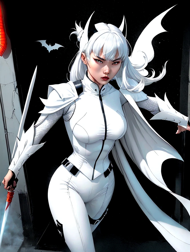 superhero, modern super hero costume, white bat costume, style like a black bat suit and, white suit for girl, ninja, with a Chinese sword, Beautiful Chinese woman, Chinese woman with bangs, courageous character, Kind, Brave, determination, on the battlefield