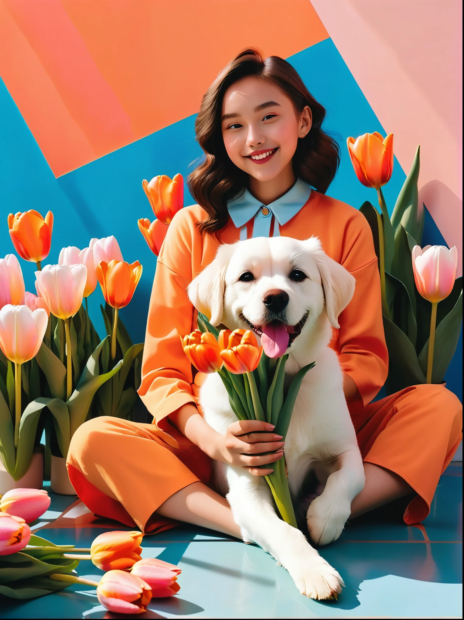 A girl sits on the floor holding tulips，With a playful postmodern flair，Terrain photography，new American color photography，bright orange and sky blue，dark and light pink，lively、exaggerated flower scene with a white dog