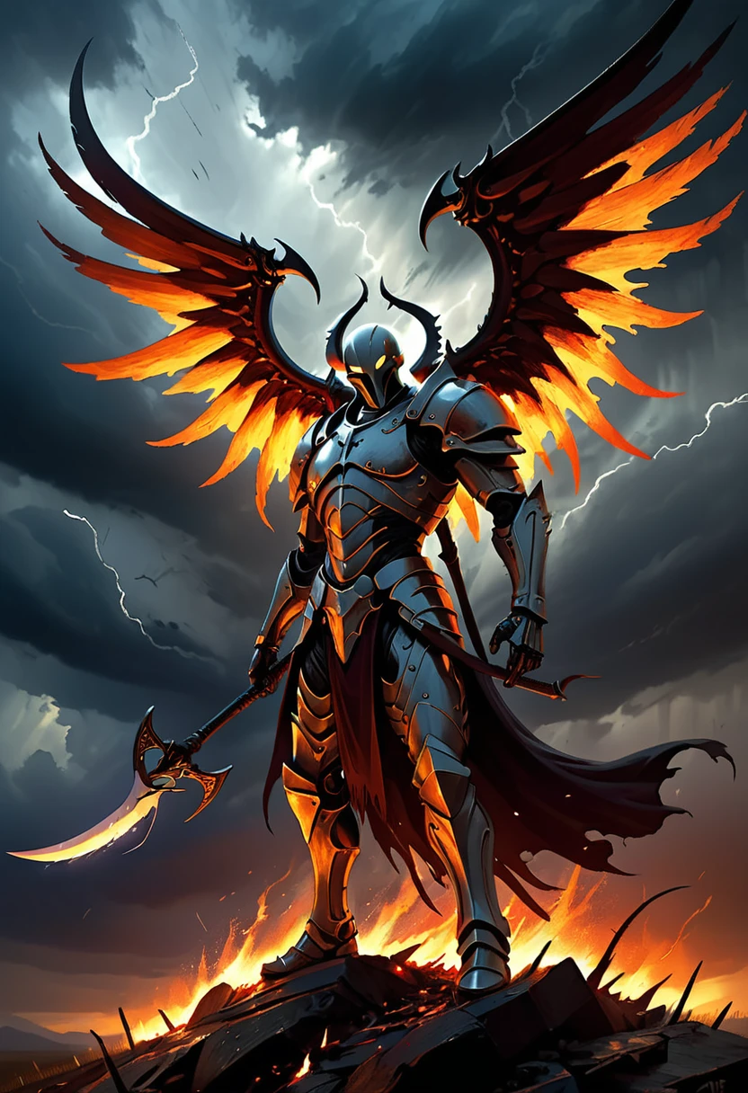 A formidable figure with wings ablaze, brandishing a scythe, standing amidst a stormy sky. The scythe glows with a dark energy, its blade sharp and curved, capturing the ferocity of the scene. Created Using: dynamic brushstrokes, chiaroscuro lighting, high contrast, foreboding atmosphere, detailed armor design, action pose, digital oil painting technique, hd quality, natural look