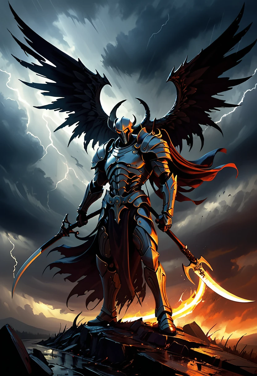 A formidable figure with wings ablaze, brandishing a scythe, standing amidst a stormy sky. The scythe glows with a dark energy, its blade sharp and curved, capturing the ferocity of the scene. Created Using: dynamic brushstrokes, chiaroscuro lighting, high contrast, foreboding atmosphere, detailed armor design, action pose, digital oil painting technique, hd quality, natural look 