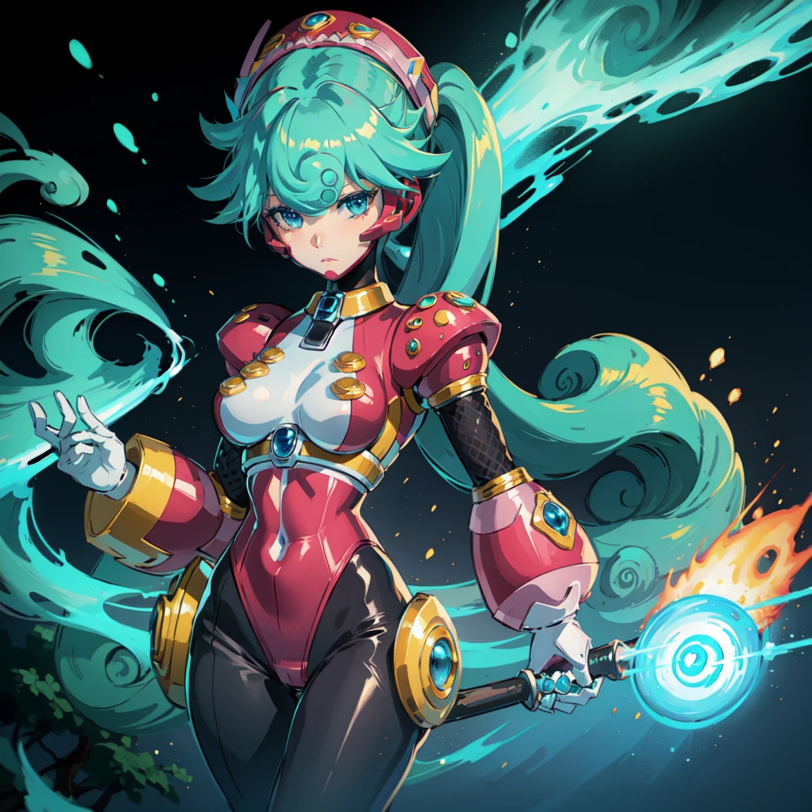 marino_megamanx, 1girl, green hair, blue eyes, ponytail, detailed face, breasts, high quality, masterpiece, standing with green flames coming from a tree