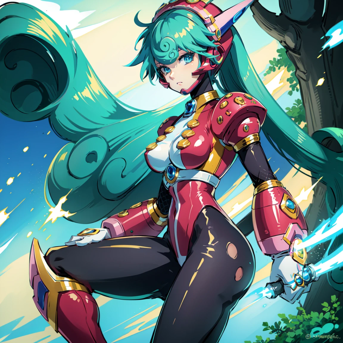 marino_megamanx, 1girl, green hair, blue eyes, ponytail, detailed face, breasts, high quality, masterpiece, standing with green flames coming from a tree